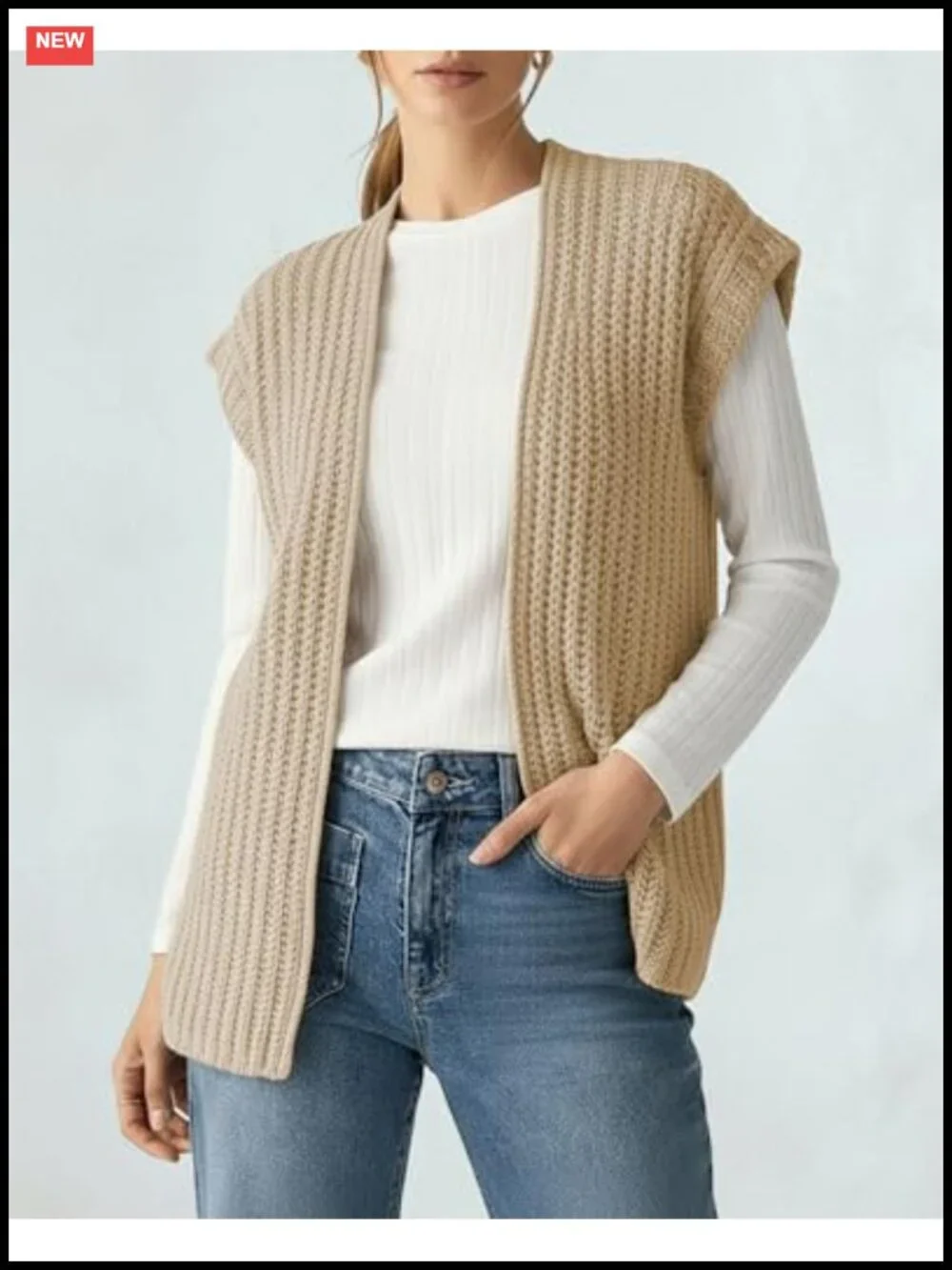 Chunky Knit Crochet Sweater Vest V-Neck Open Front Cap Sleeve Womens Top Apricot
